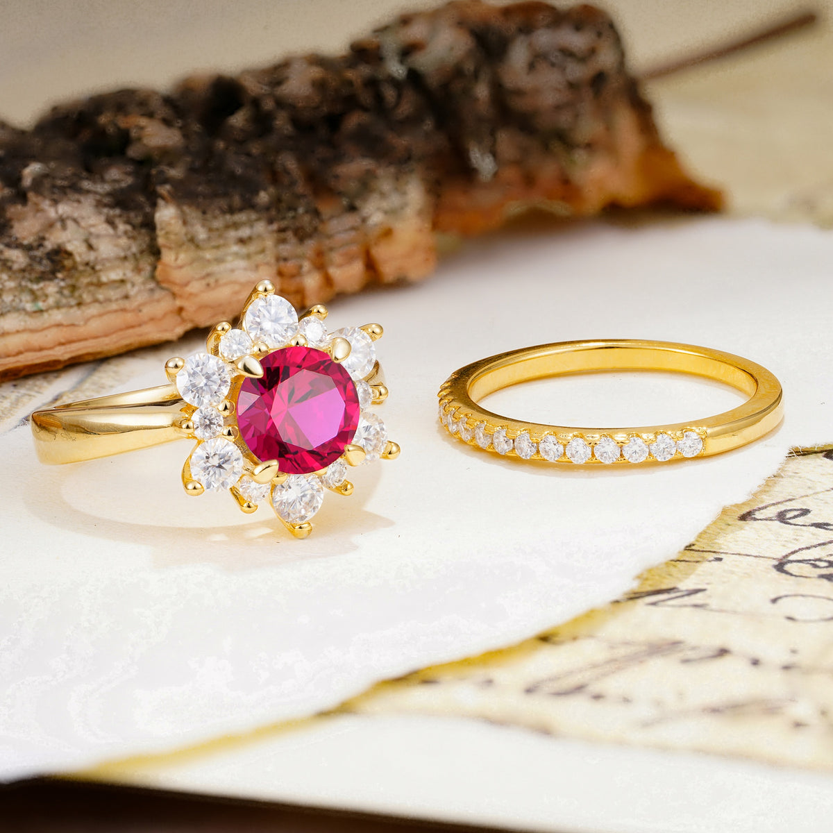 Natural Inspiration Flower Shape 4-Prong Round Cut Ruby Wedding Bride Ring Set - Additional view