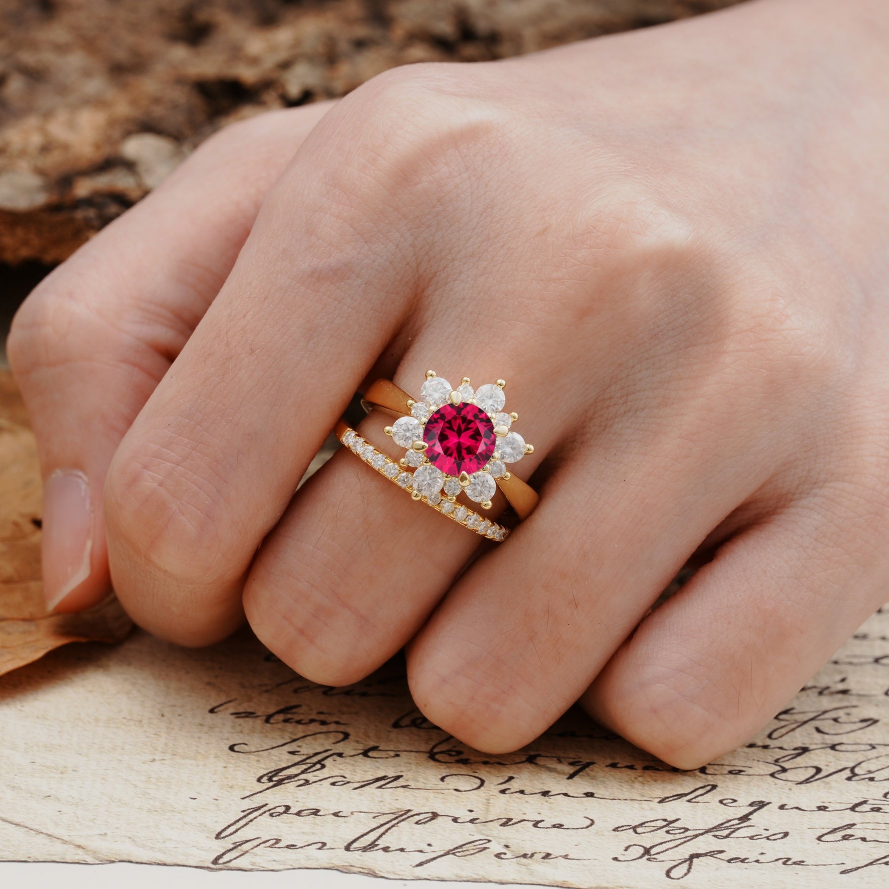 Natural Inspiration Flower Shape 4-Prong Round Cut Ruby Wedding Bride Ring Set - Additional view