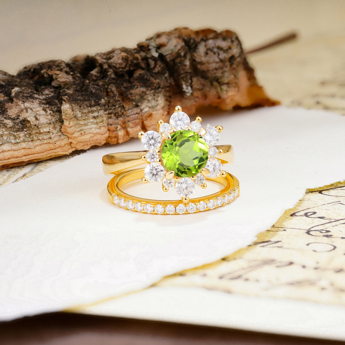 Natural Inspiration Flower Shape 4-Prong Round Cut Peridot Wedding Bride Ring Set - Additional view