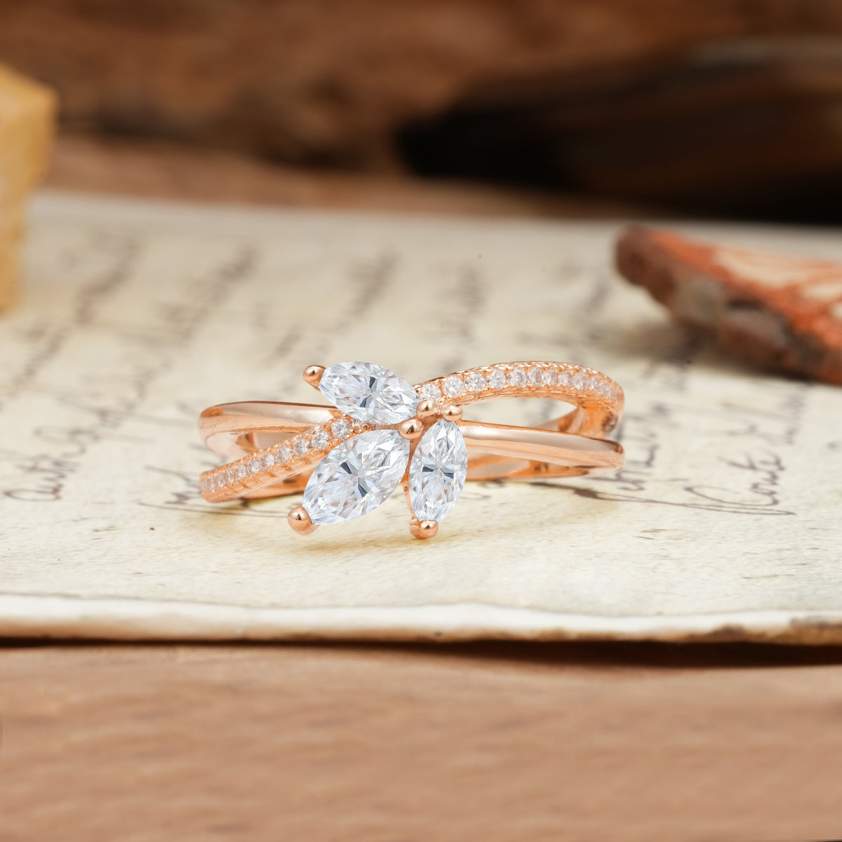 Natural Inspiration Clover Shape 2 Prong Marquise Cut Moissanite Engagement Ring - Additional view