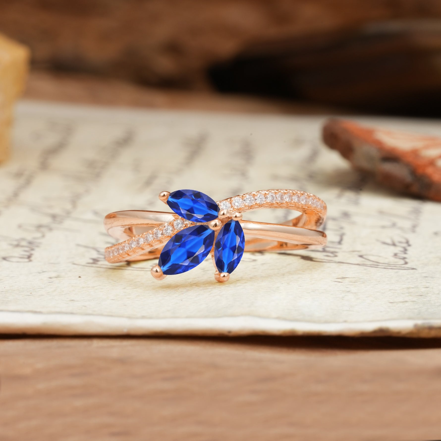 Natural Inspiration Clover Shape 2 Prong Marquise Cut Sapphire Engagement Ring - Additional view