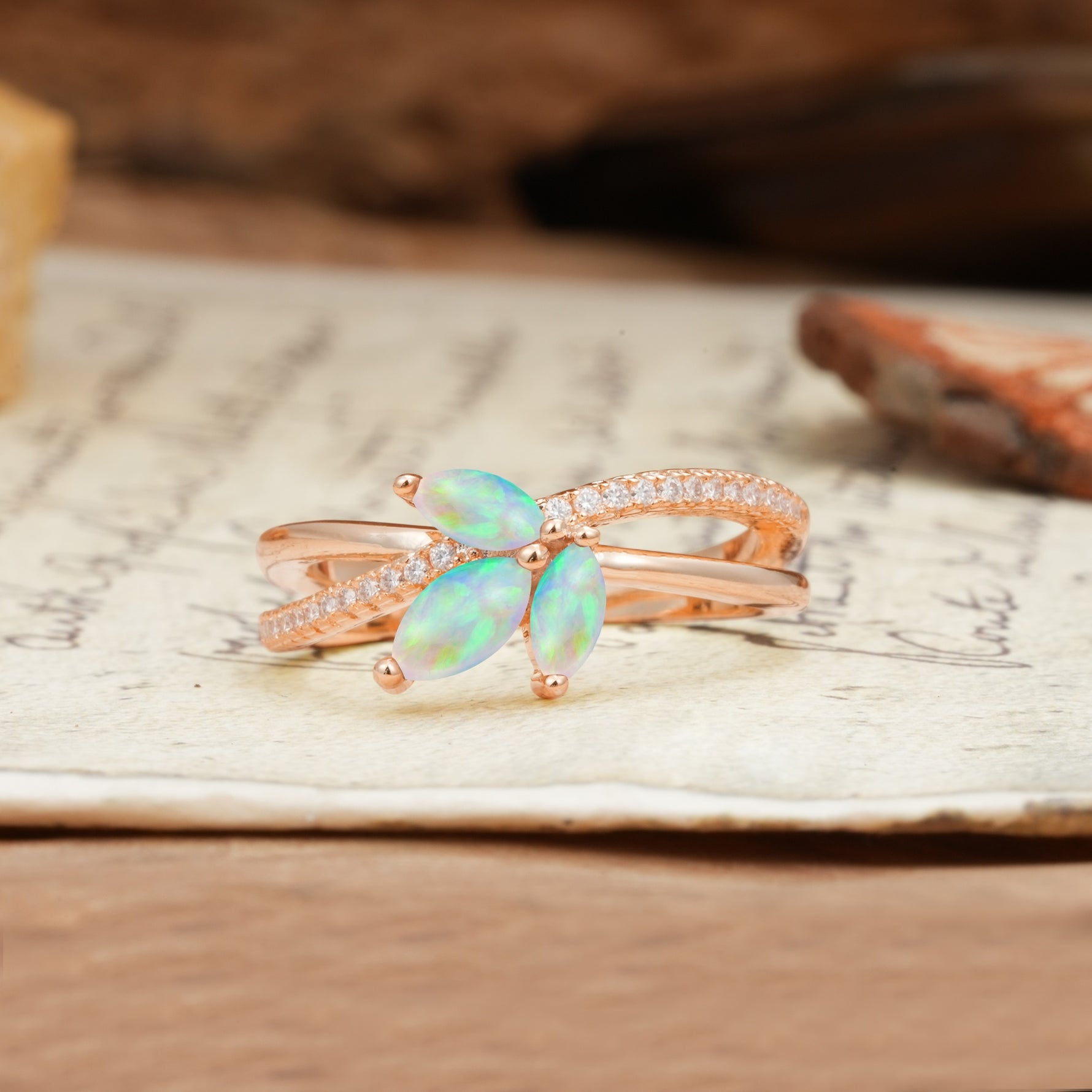 Natural Inspiration Clover Shape 2 Prong Marquise Cut Fire Opal Engagement Ring - Additional view