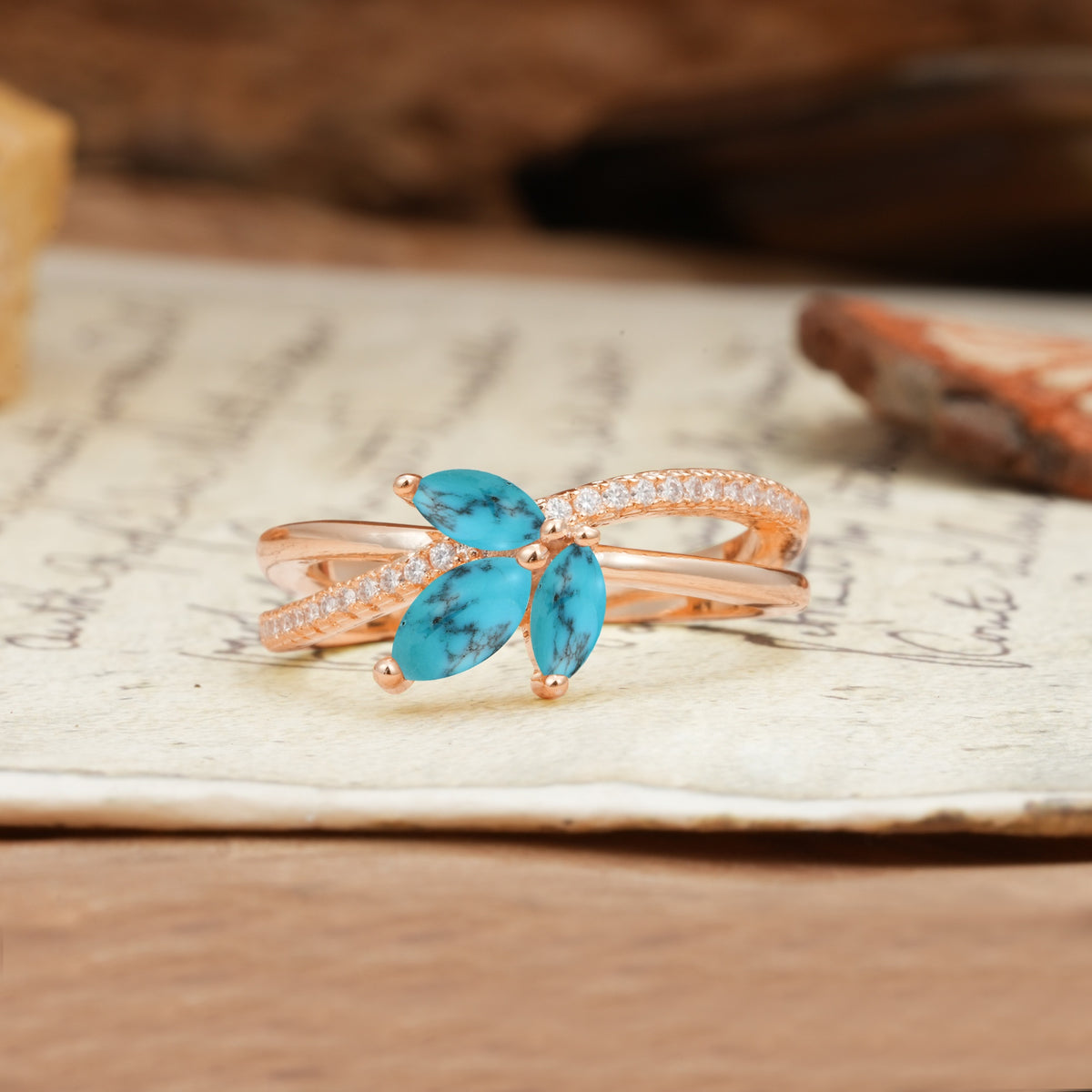 Natural Inspiration Clover Shape 2 Prong Marquise Cut Turquoise Engagement Ring - Additional view