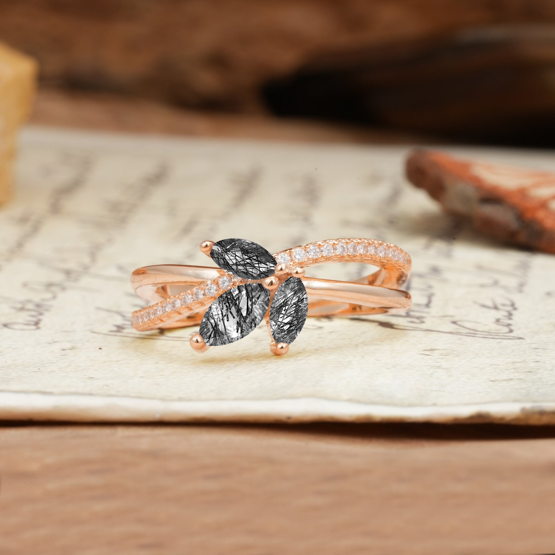 Natural Inspiration Clover Shape 2 Prong Marquise Cut Black Rutilated Quartz Engagement Ring - Additional view
