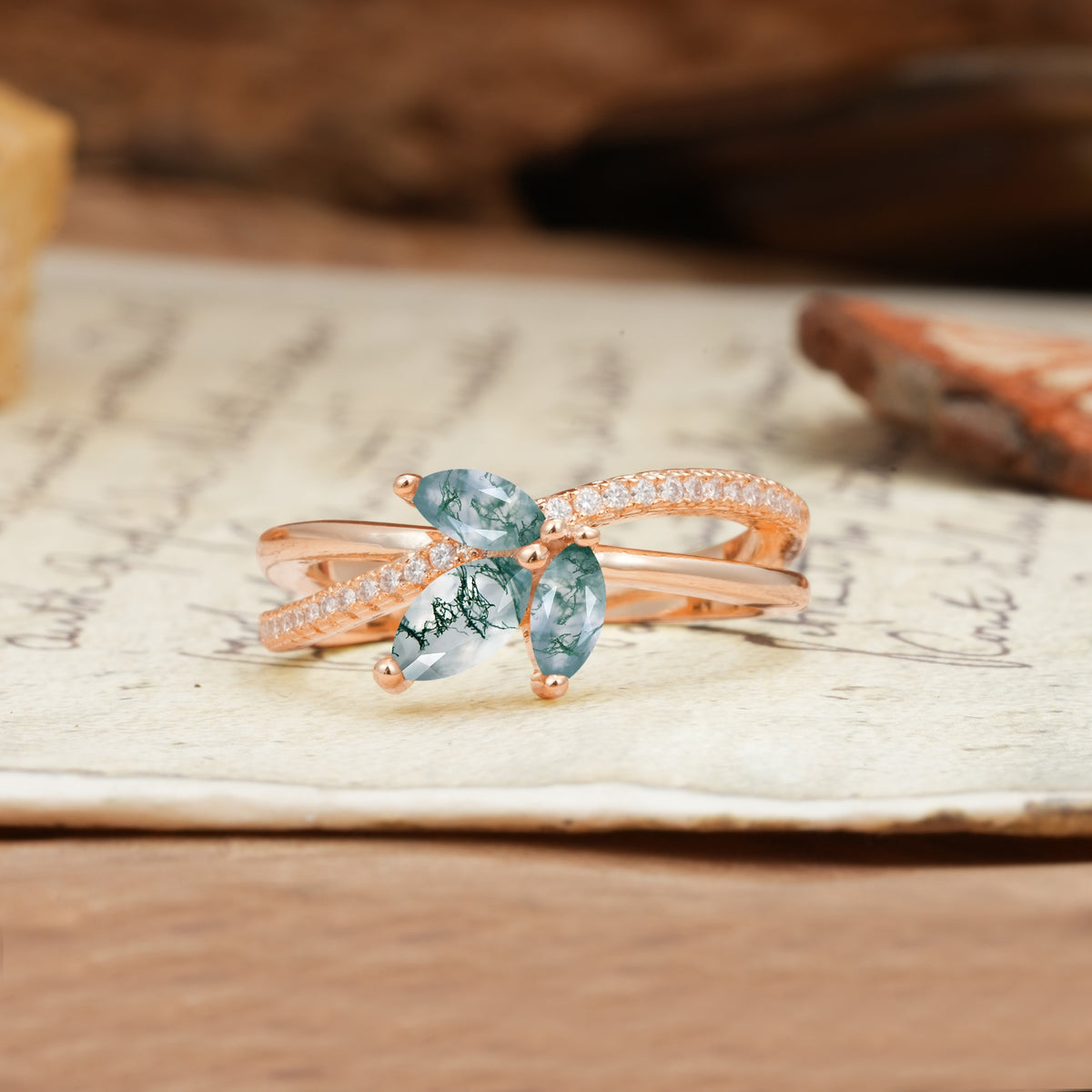 Natural Inspiration Clover Shape 2 Prong Marquise Cut Moss Agate Engagement Ring - Additional view