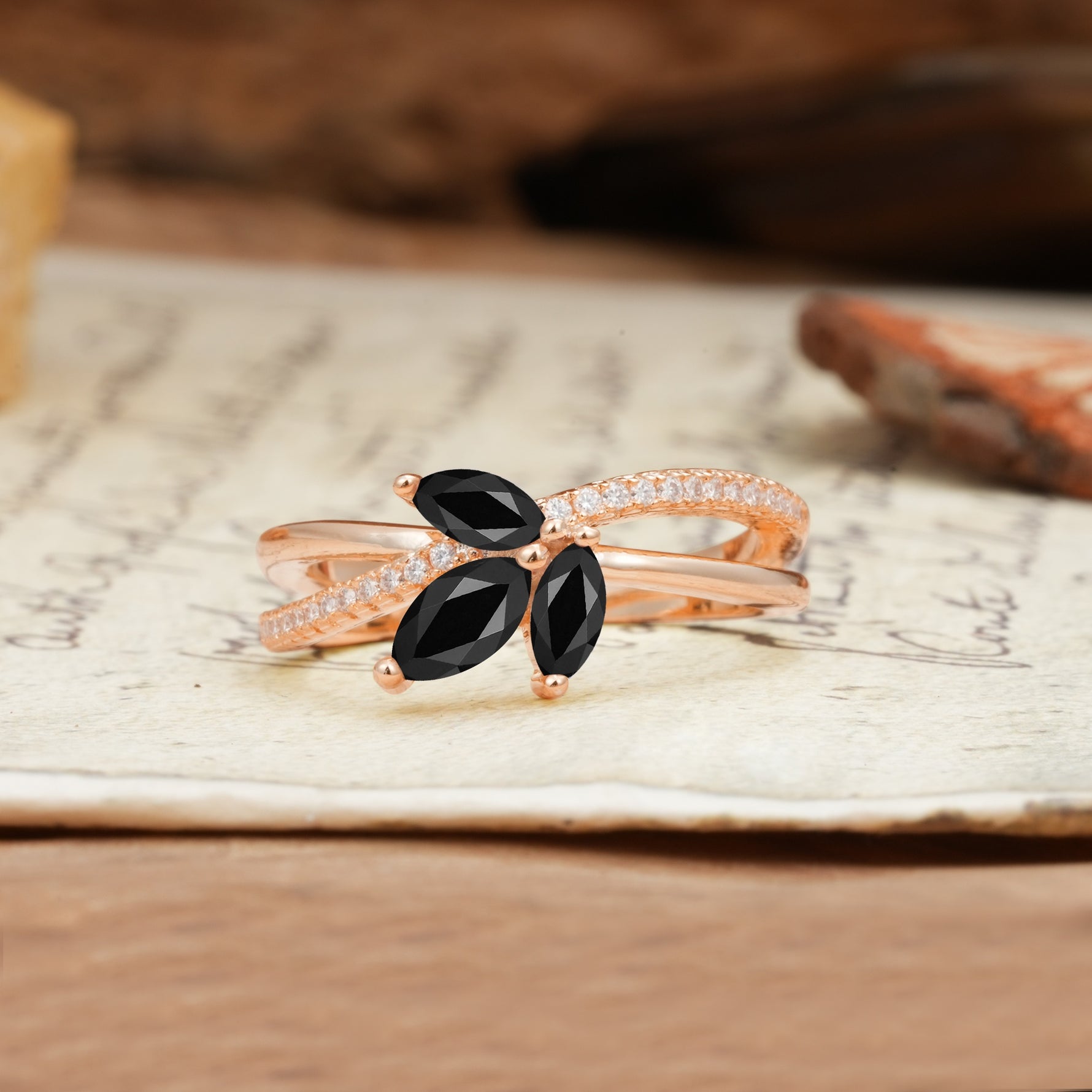 Natural Inspiration Clover Shape 2 Prong Marquise Cut Black Onyx Engagement Ring - Additional view