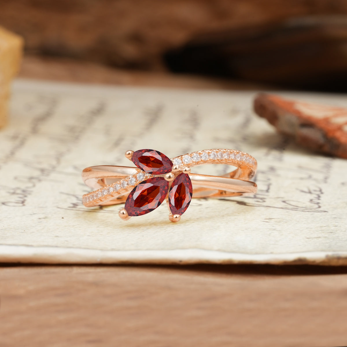 Natural Inspiration Clover Shape 2 Prong Marquise Cut Garnet Engagement Ring - Additional view