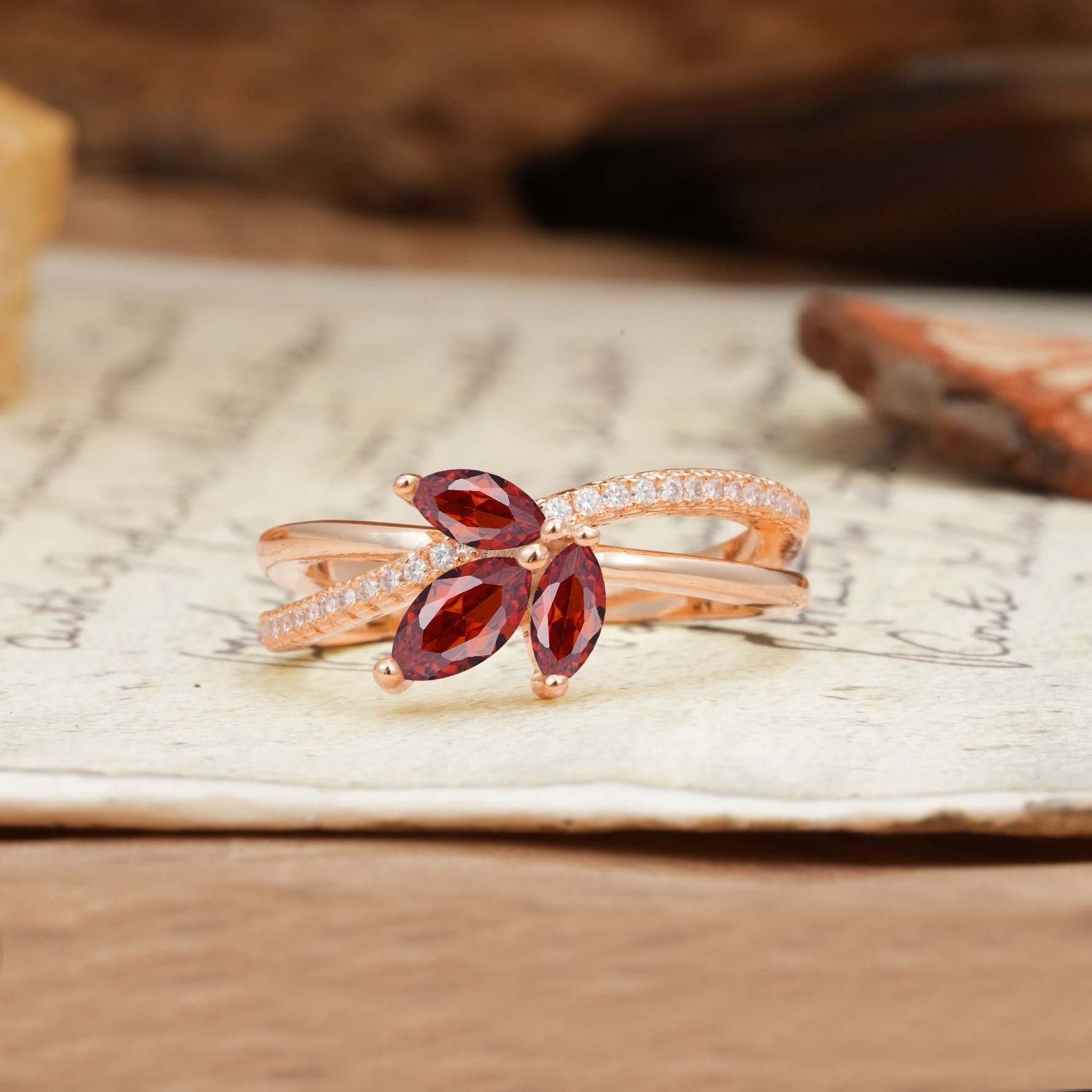 Natural Inspiration Clover Shape 2 Prong Marquise Cut Garnet Engagement Ring - Additional view