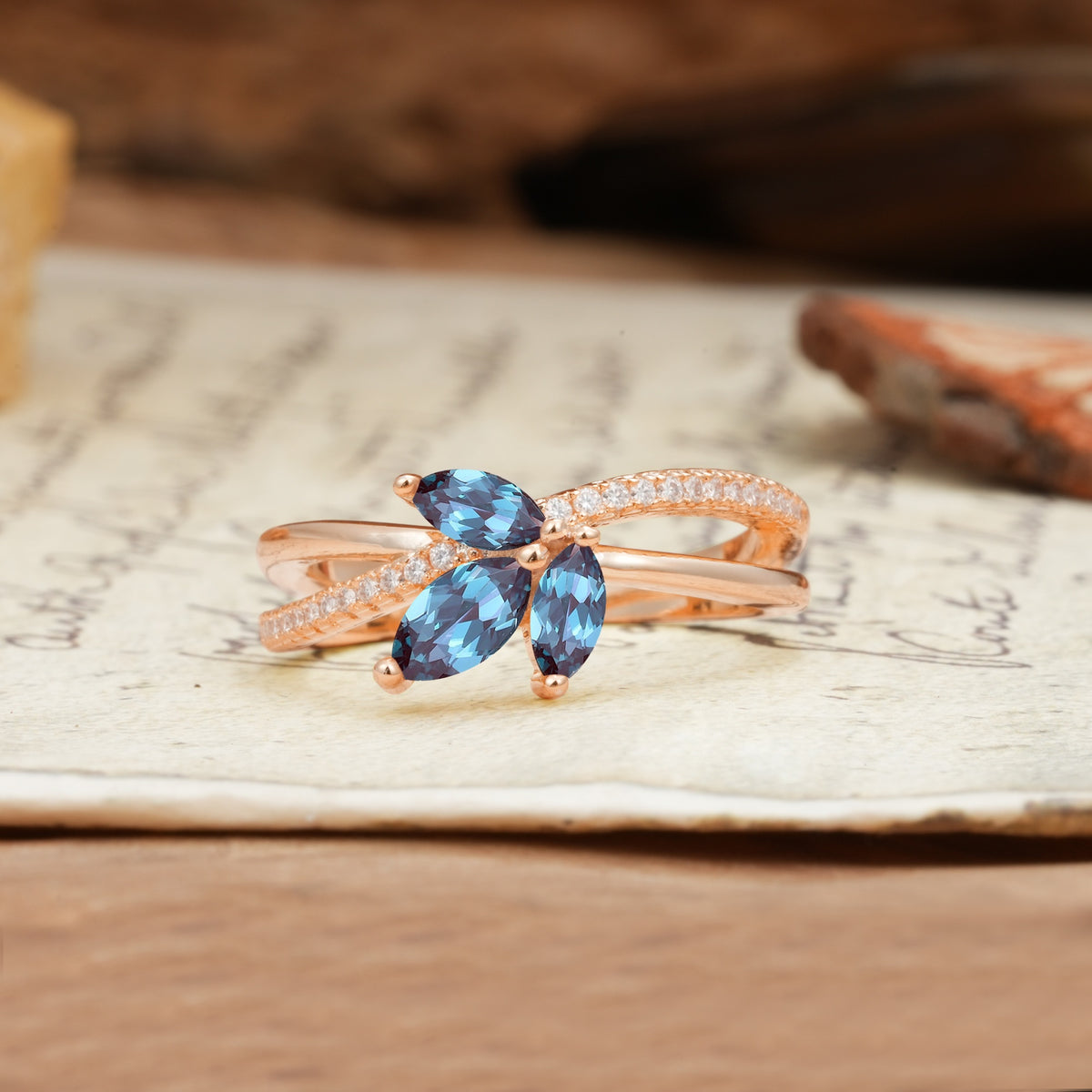 Natural Inspiration Clover Shape 2 Prong Marquise Cut Alexandrite Engagement Ring - Additional view