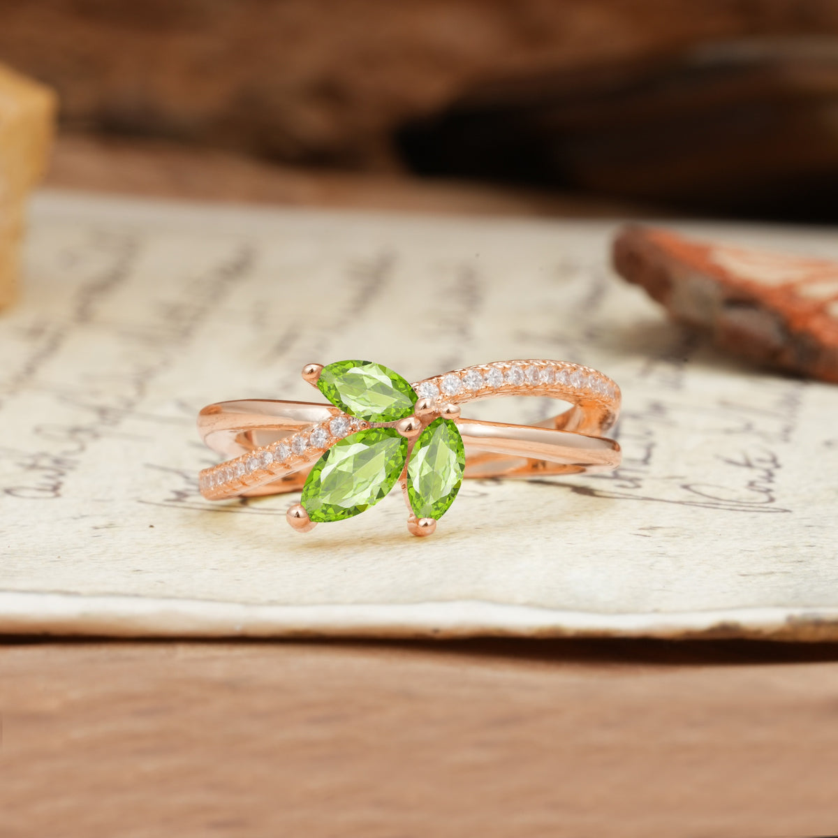 Natural Inspiration Clover Shape 2 Prong Marquise Cut Peridot Engagement Ring - Additional view