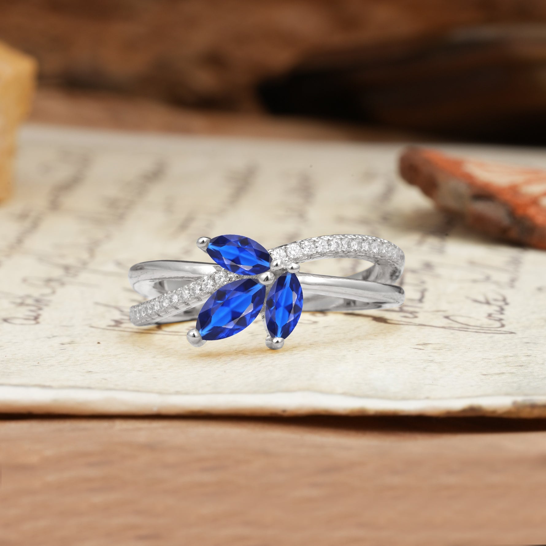 Natural Inspiration Clover Shape 2 Prong Marquise Cut Sapphire Engagement Ring - Additional view