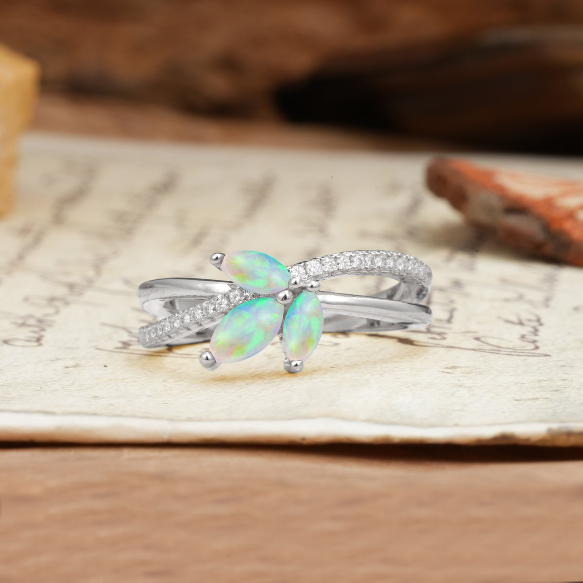 Natural Inspiration Clover Shape 2 Prong Marquise Cut Fire Opal Engagement Ring - Additional view