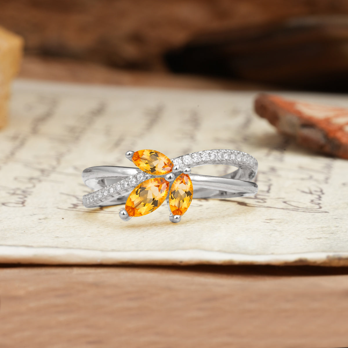 Natural Inspiration Clover Shape 2 Prong Marquise Cut Citrine Engagement Ring - Additional view