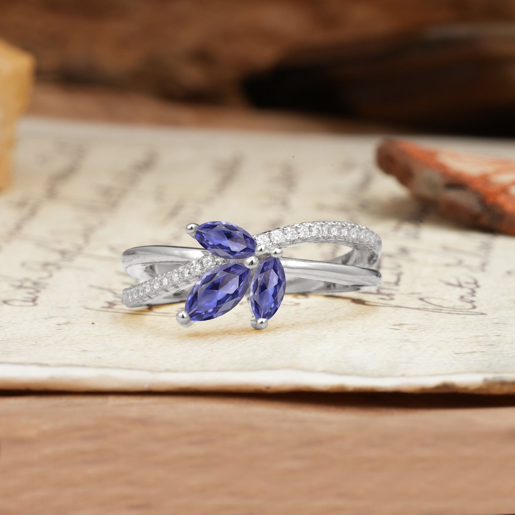 Natural Inspiration Clover Shape 2 Prong Marquise Cut Tanzanite Engagement Ring - Additional view