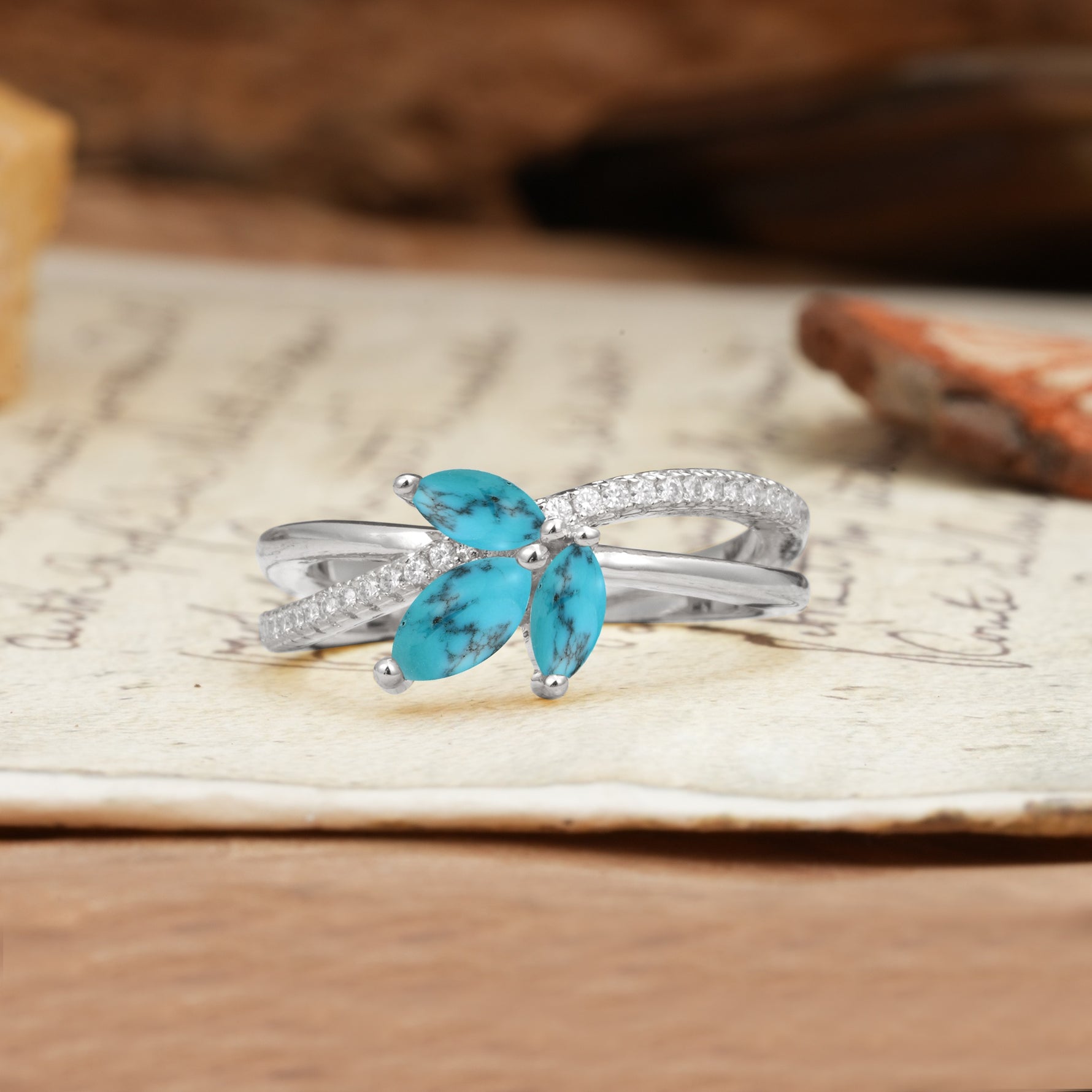 Natural Inspiration Clover Shape 2 Prong Marquise Cut Turquoise Engagement Ring - Additional view