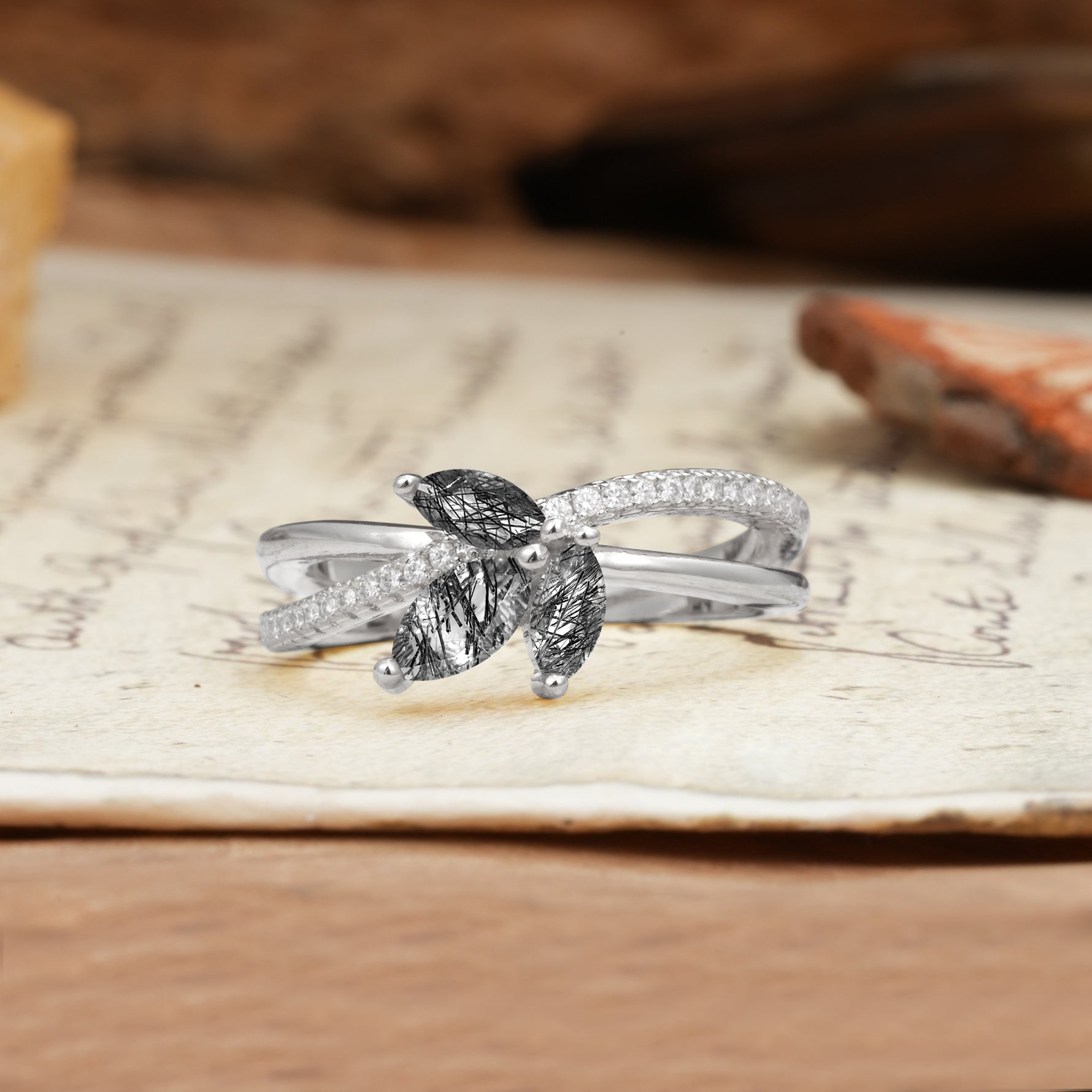 Natural Inspiration Clover Shape 2 Prong Marquise Cut Black Rutilated Quartz Engagement Ring - Additional view