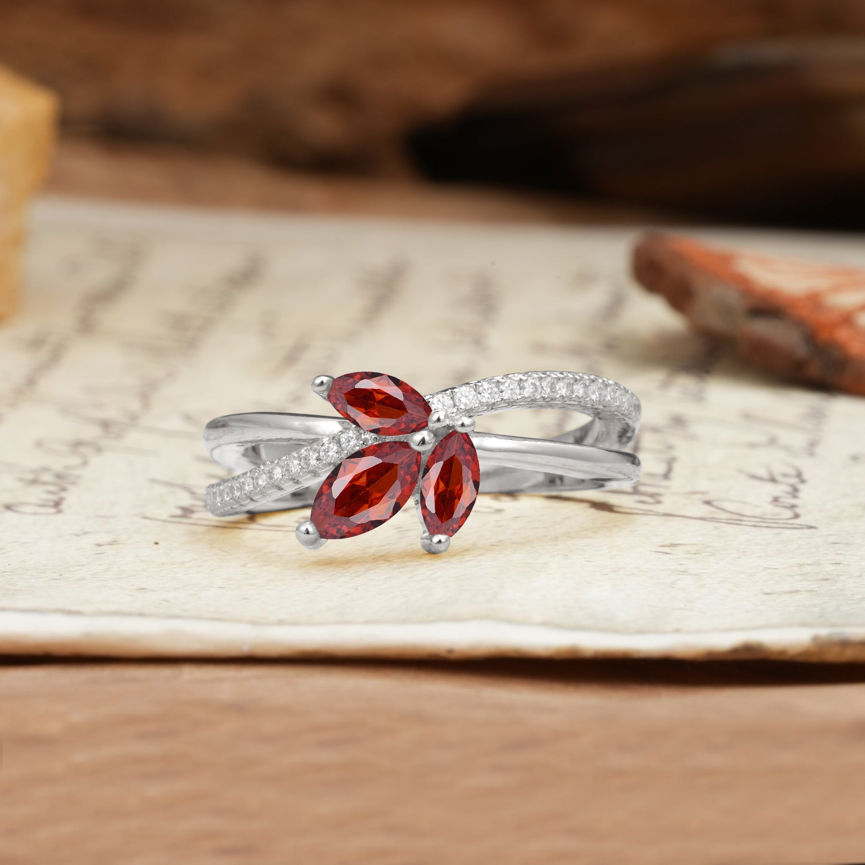 Natural Inspiration Clover Shape 2 Prong Marquise Cut Garnet Engagement Ring - Additional view