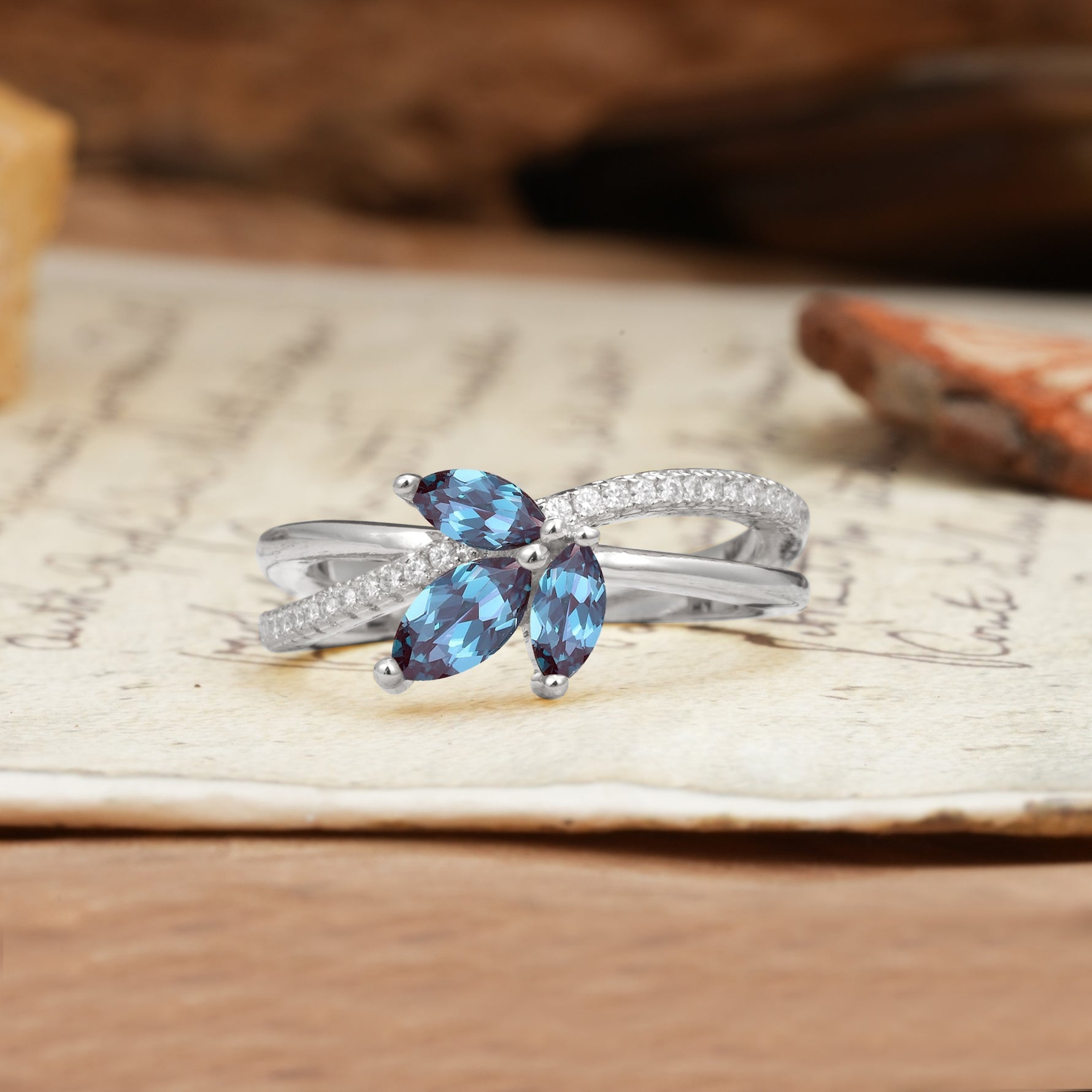 Natural Inspiration Clover Shape 2 Prong Marquise Cut Alexandrite Engagement Ring - Additional view