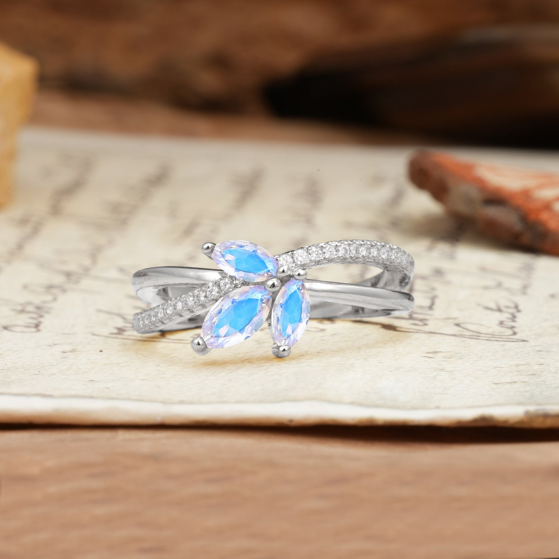 Natural Inspiration Clover Shape 2 Prong Marquise Cut Moonstone Engagement Ring - Additional view