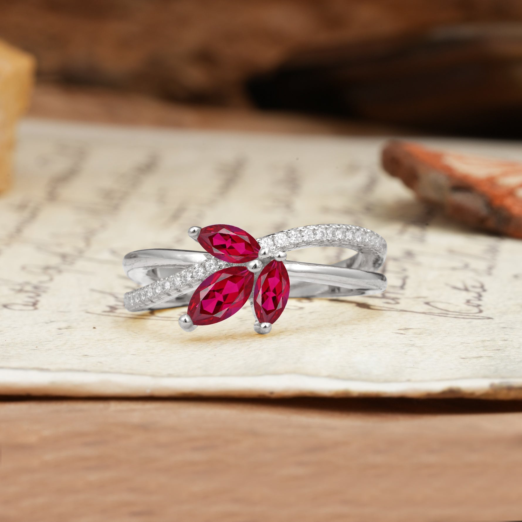 Natural Inspiration Clover Shape 2 Prong Marquise Cut Ruby Engagement Ring - Additional view