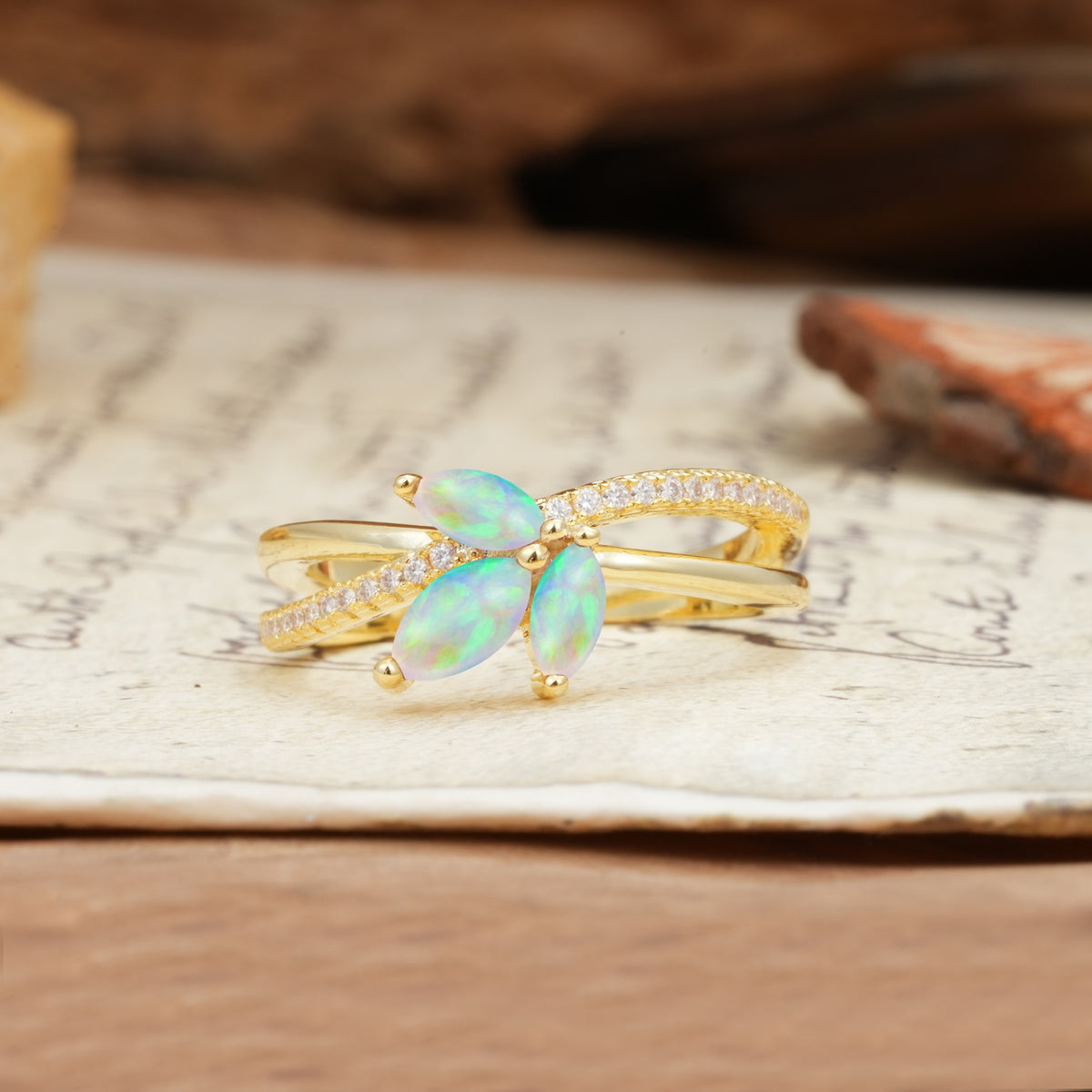 Natural Inspiration Clover Shape 2 Prong Marquise Cut Fire Opal Engagement Ring - Additional view