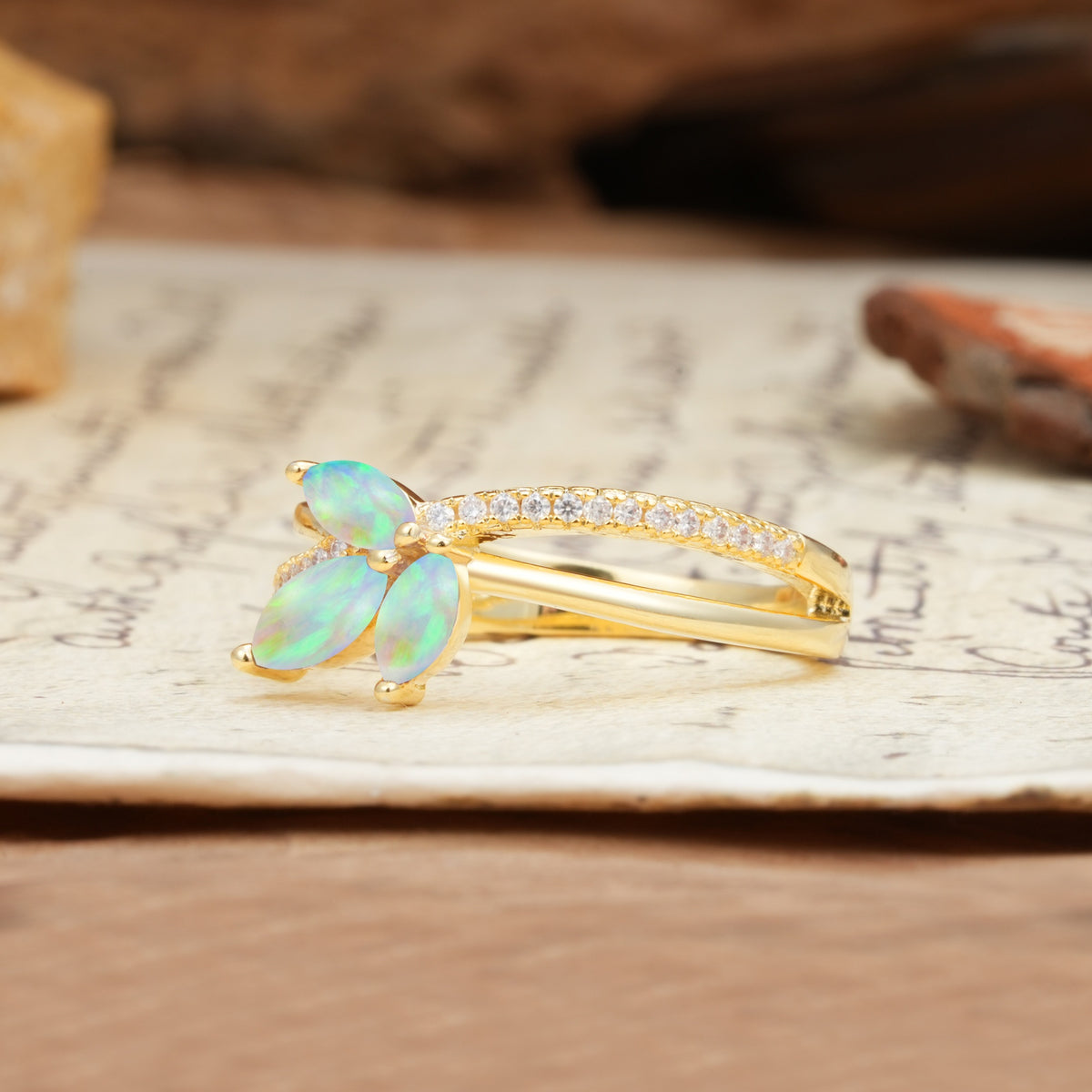Natural Inspiration Clover Shape 2 Prong Marquise Cut Fire Opal Engagement Ring - Additional view