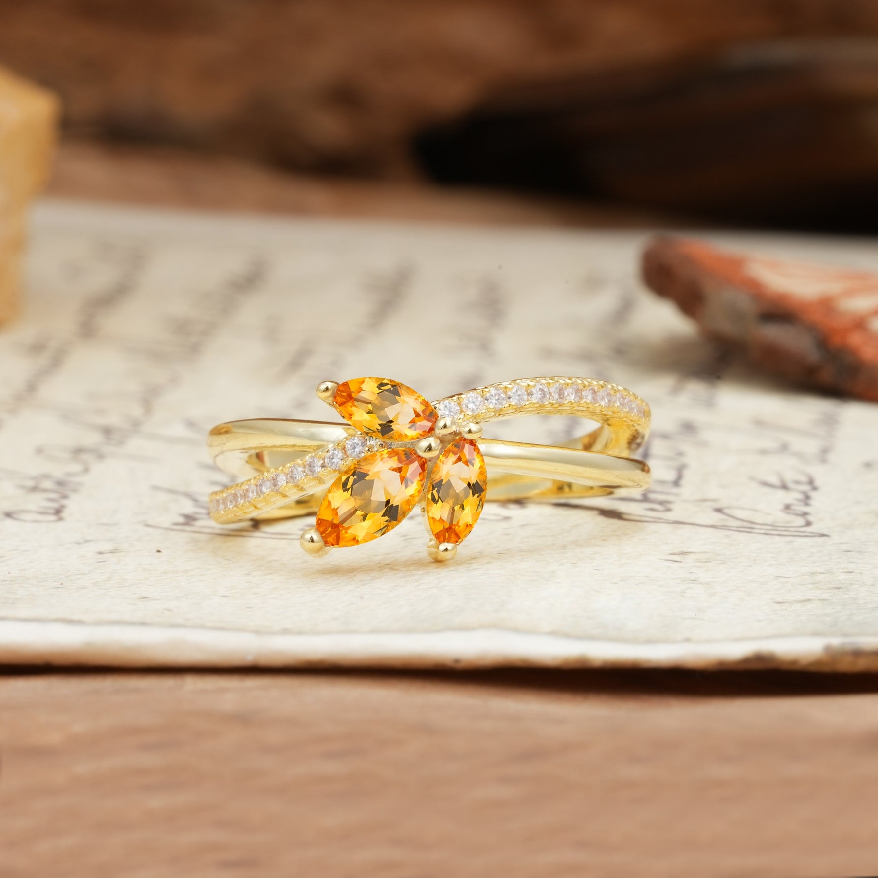 Natural Inspiration Clover Shape 2 Prong Marquise Cut Citrine Engagement Ring - Additional view