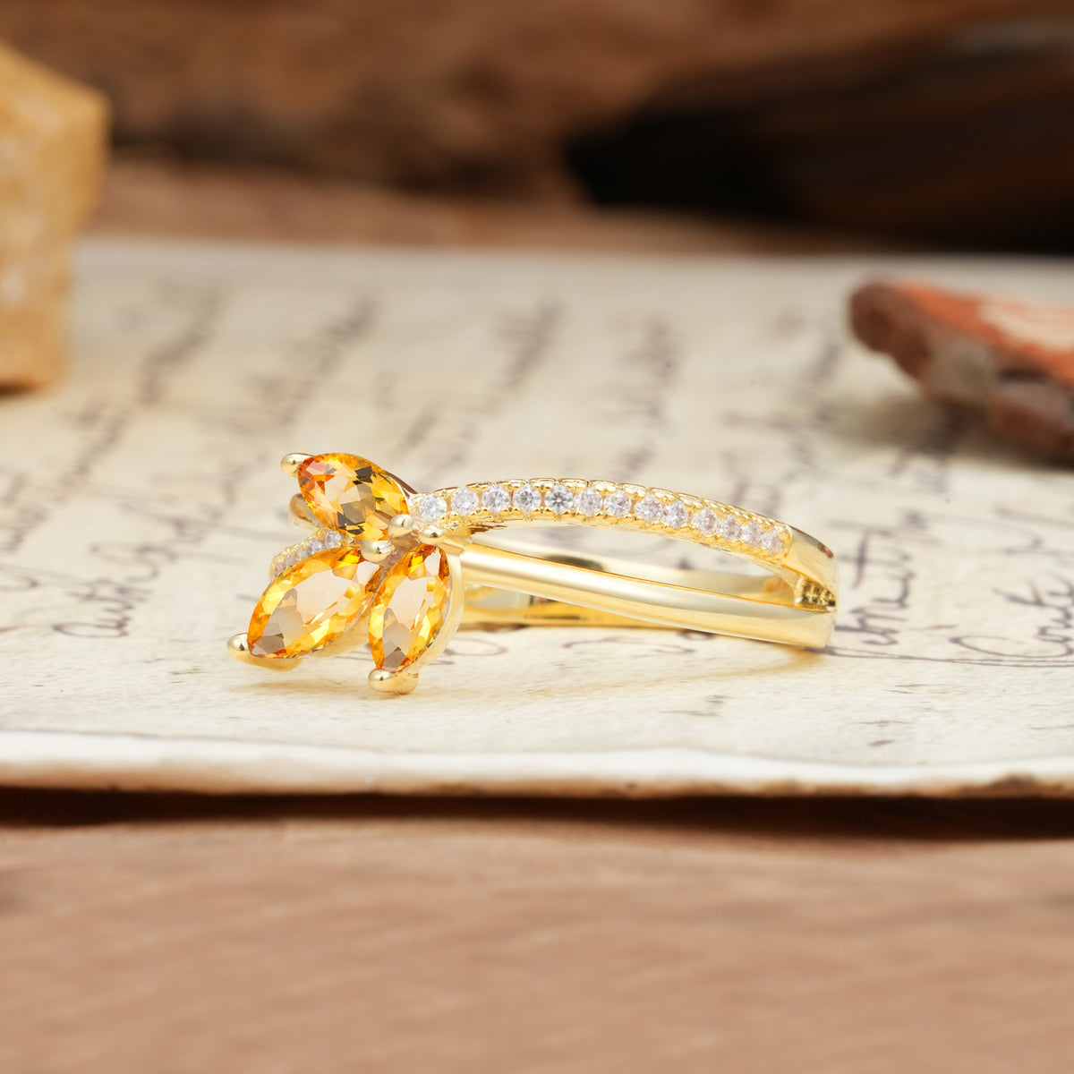 Natural Inspiration Clover Shape 2 Prong Marquise Cut Citrine Engagement Ring - Additional view