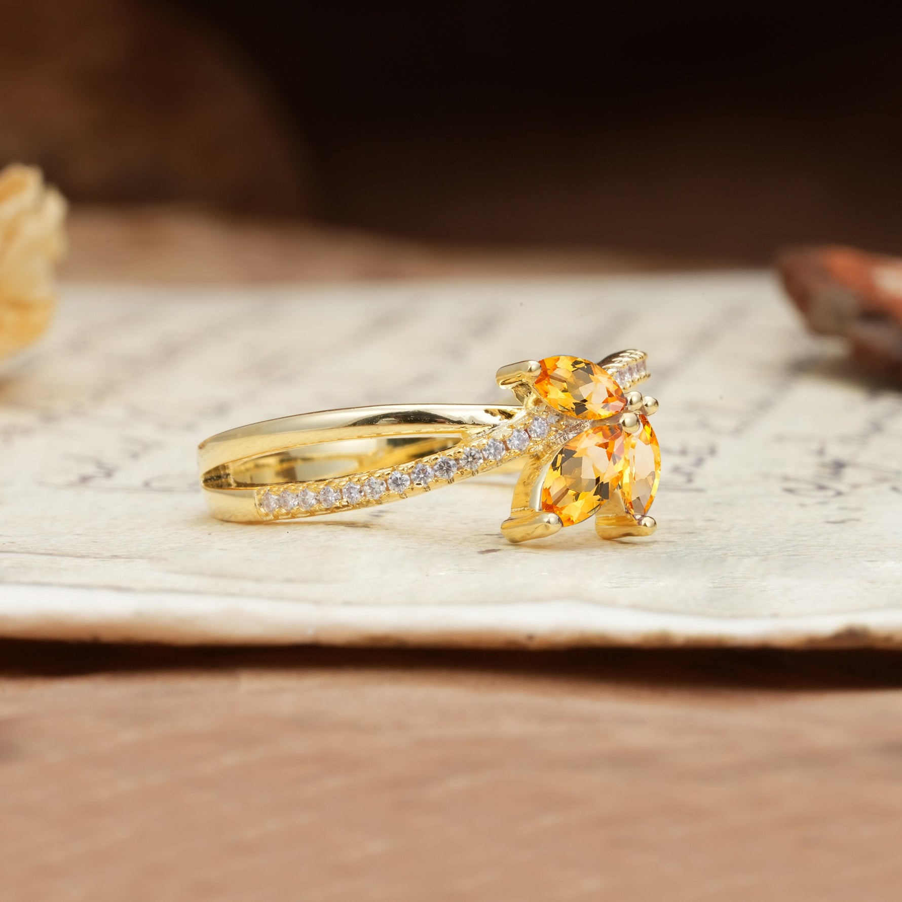 Natural Inspiration Clover Shape 2 Prong Marquise Cut Citrine Engagement Ring - Additional view