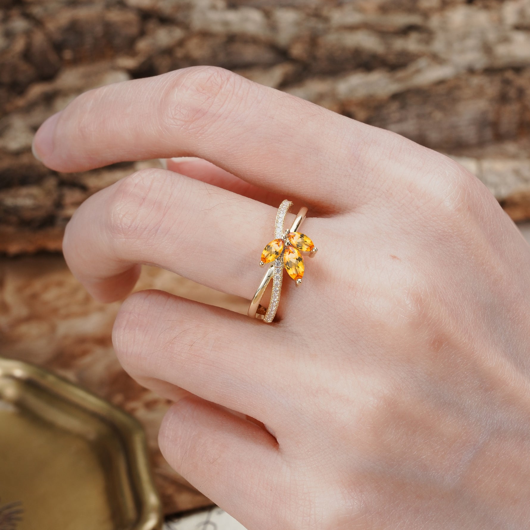 Natural Inspiration Clover Shape 2 Prong Marquise Cut Citrine Engagement Ring - Additional view