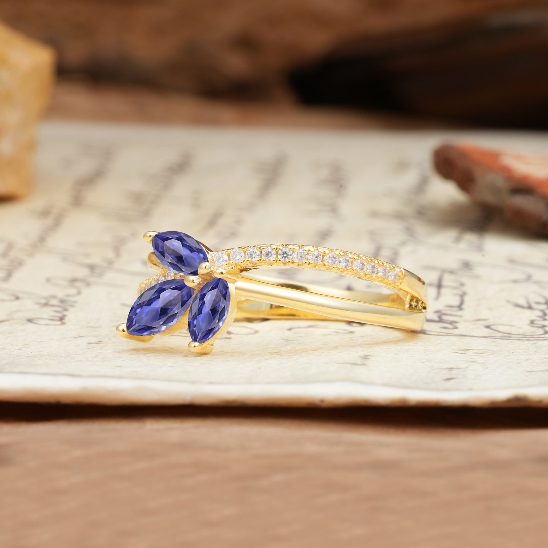 Natural Inspiration Clover Shape 2 Prong Marquise Cut Tanzanite Engagement Ring - Additional view