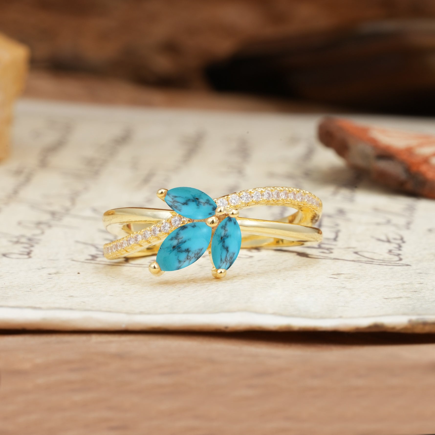 Natural Inspiration Clover Shape 2 Prong Marquise Cut Turquoise Engagement Ring - Additional view