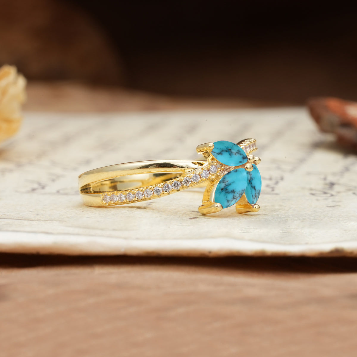 Natural Inspiration Clover Shape 2 Prong Marquise Cut Turquoise Engagement Ring - Additional view
