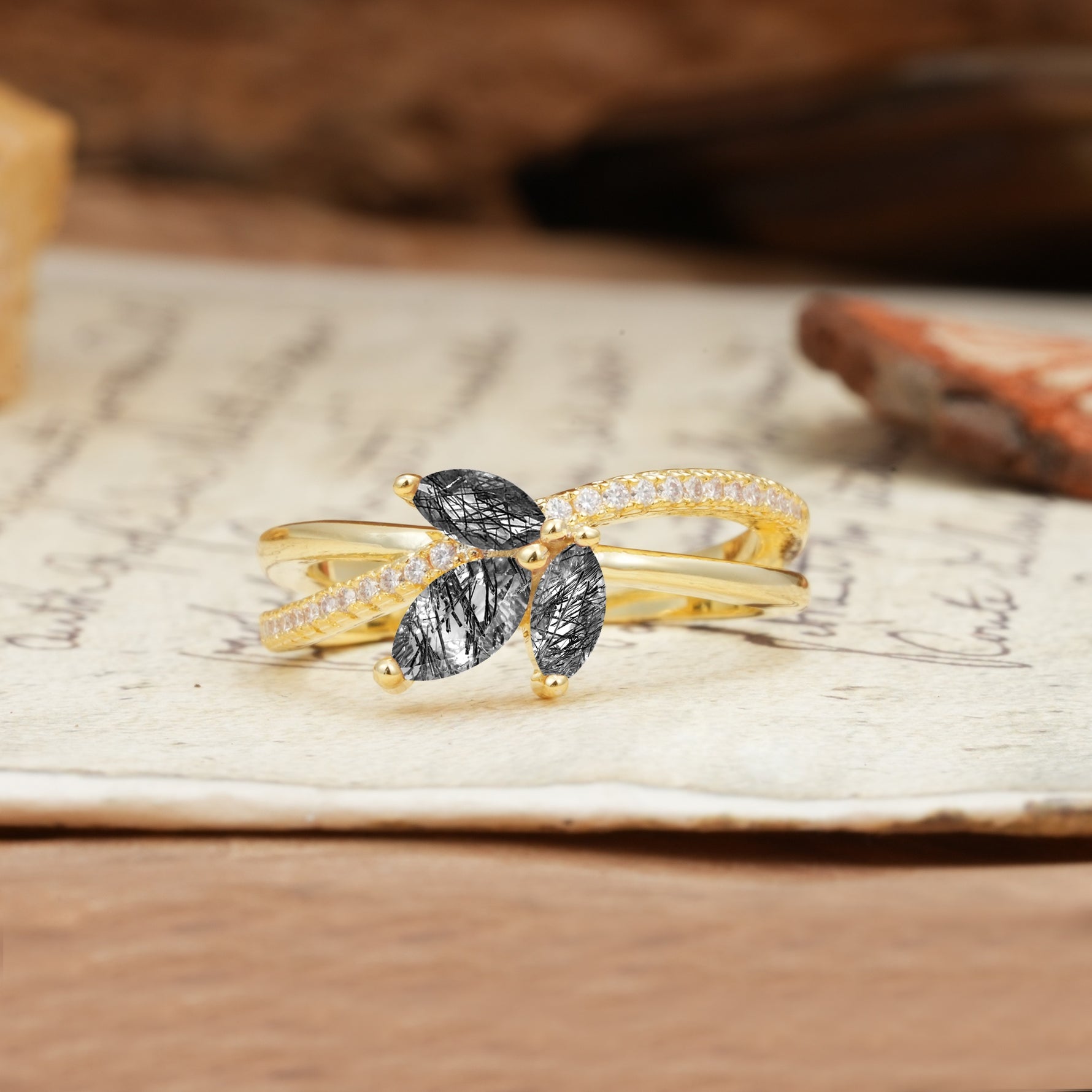 Natural Inspiration Clover Shape 2 Prong Marquise Cut Black Rutilated Quartz Engagement Ring - Additional view