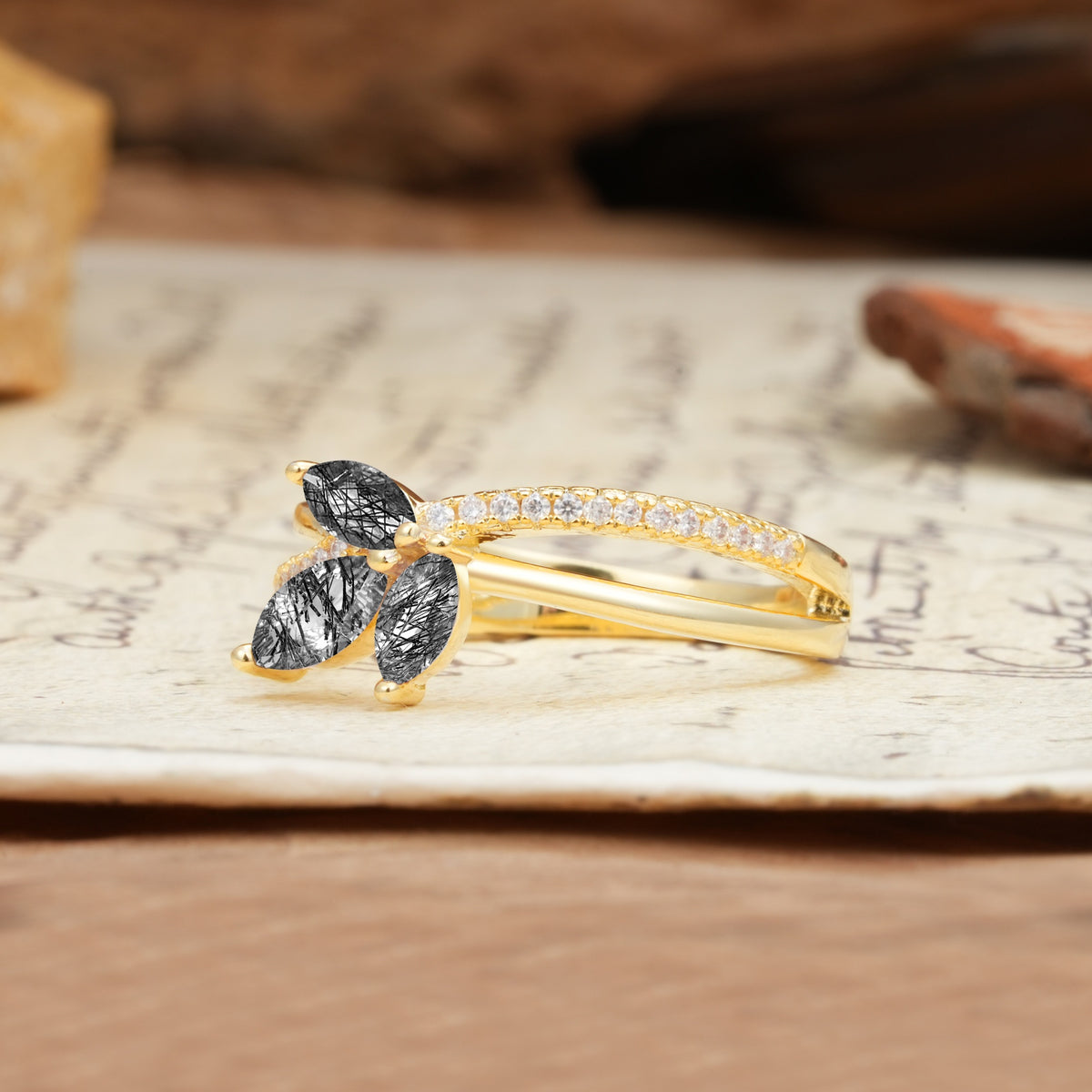 Natural Inspiration Clover Shape 2 Prong Marquise Cut Black Rutilated Quartz Engagement Ring - Additional view