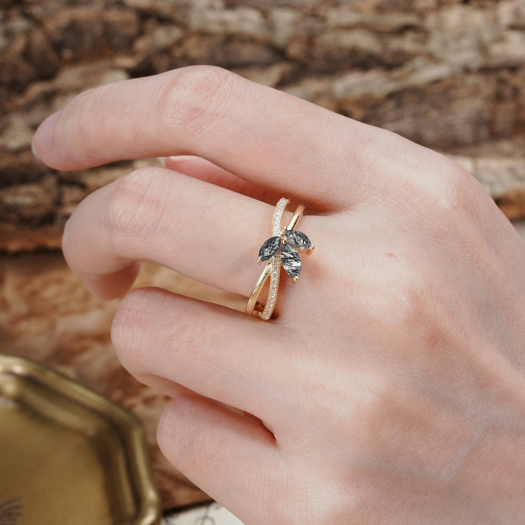 Natural Inspiration Clover Shape 2 Prong Marquise Cut Black Rutilated Quartz Engagement Ring - Additional view