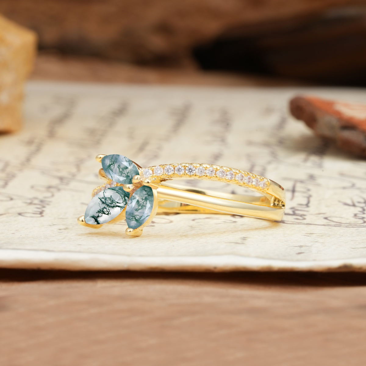 Natural Inspiration Clover Shape 2 Prong Marquise Cut Moss Agate Engagement Ring - Additional view