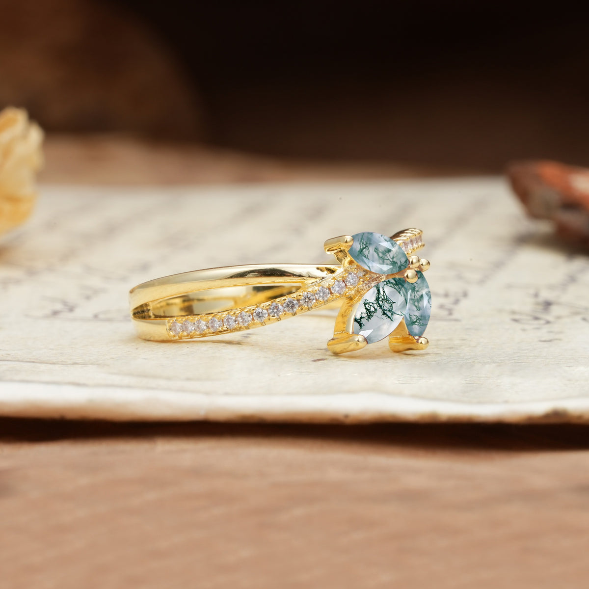 Natural Inspiration Clover Shape 2 Prong Marquise Cut Moss Agate Engagement Ring - Additional view