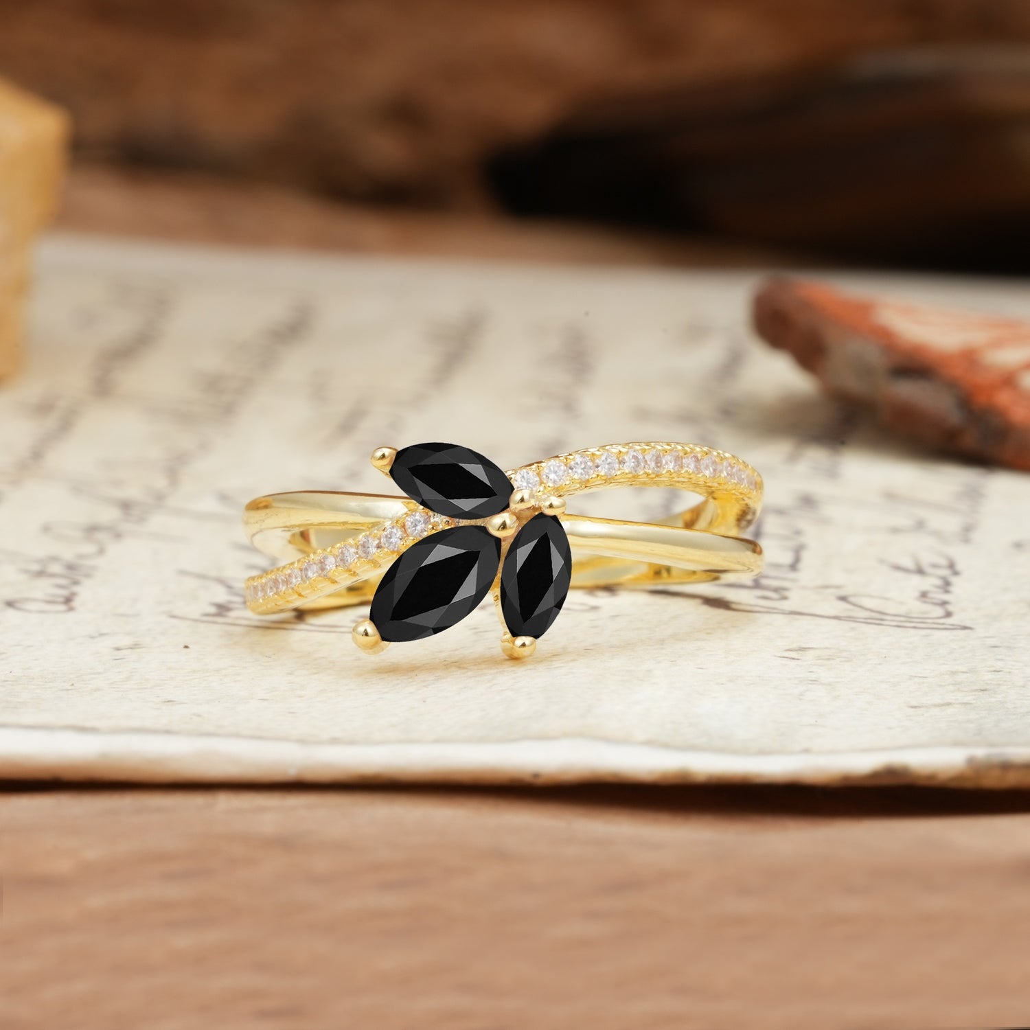 Natural Inspiration Clover Shape 2 Prong Marquise Cut Black Onyx Engagement Ring - Additional view