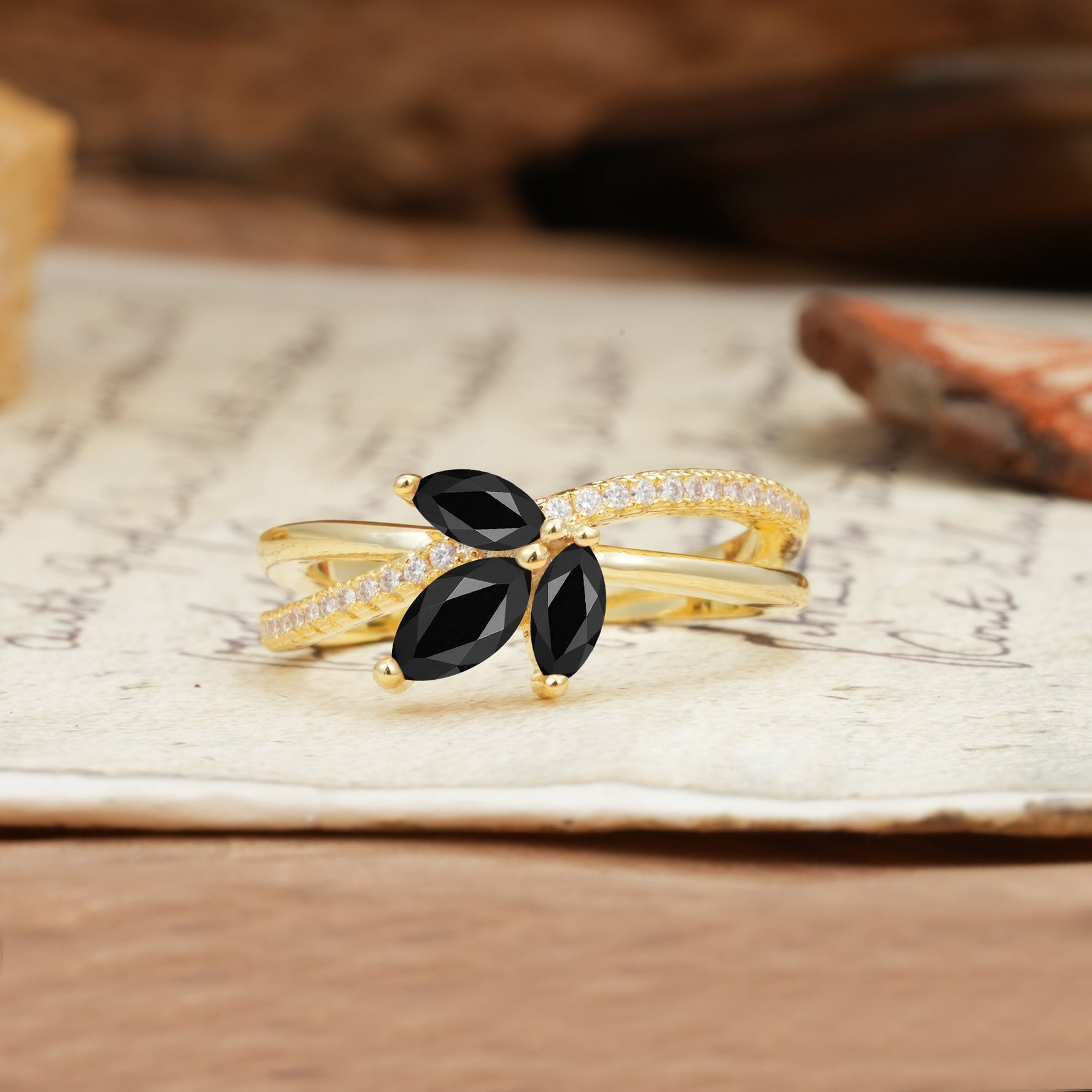 Natural Inspiration Clover Shape 2 Prong Marquise Cut Black Onyx Engagement Ring - Additional view