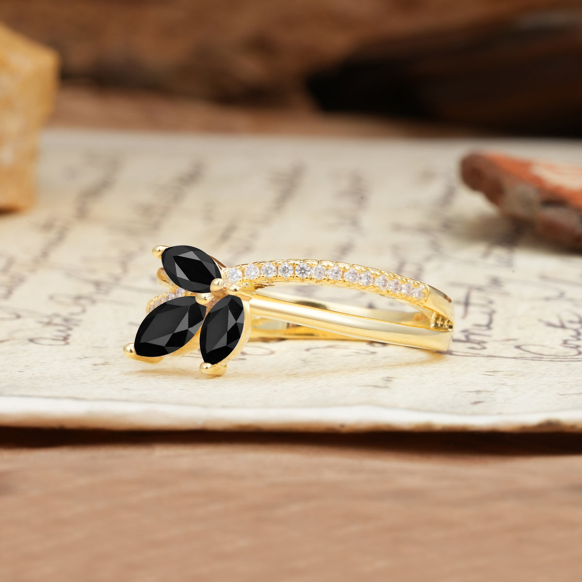 Natural Inspiration Clover Shape 2 Prong Marquise Cut Black Onyx Engagement Ring - Additional view