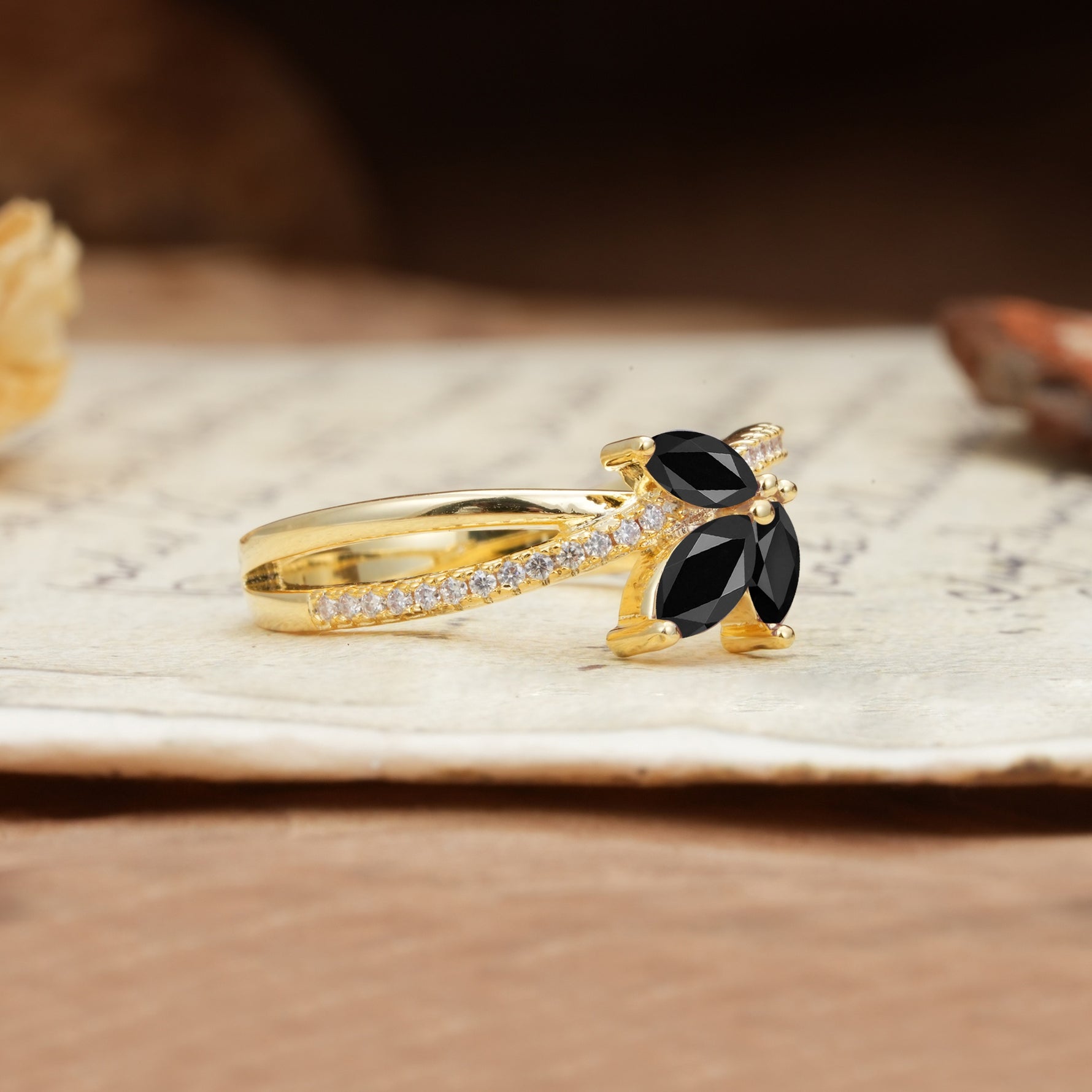Natural Inspiration Clover Shape 2 Prong Marquise Cut Black Onyx Engagement Ring - Additional view