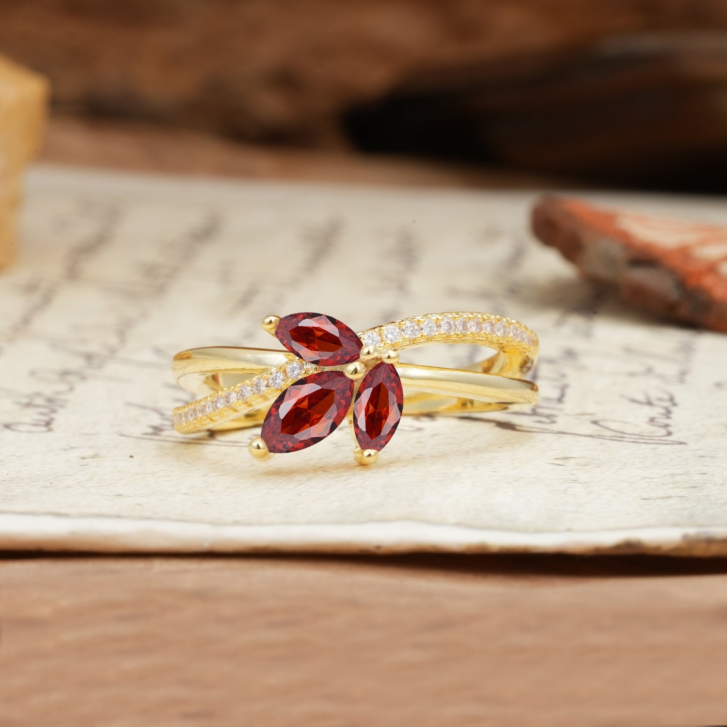 Natural Inspiration Clover Shape 2 Prong Marquise Cut Garnet Engagement Ring - Additional view