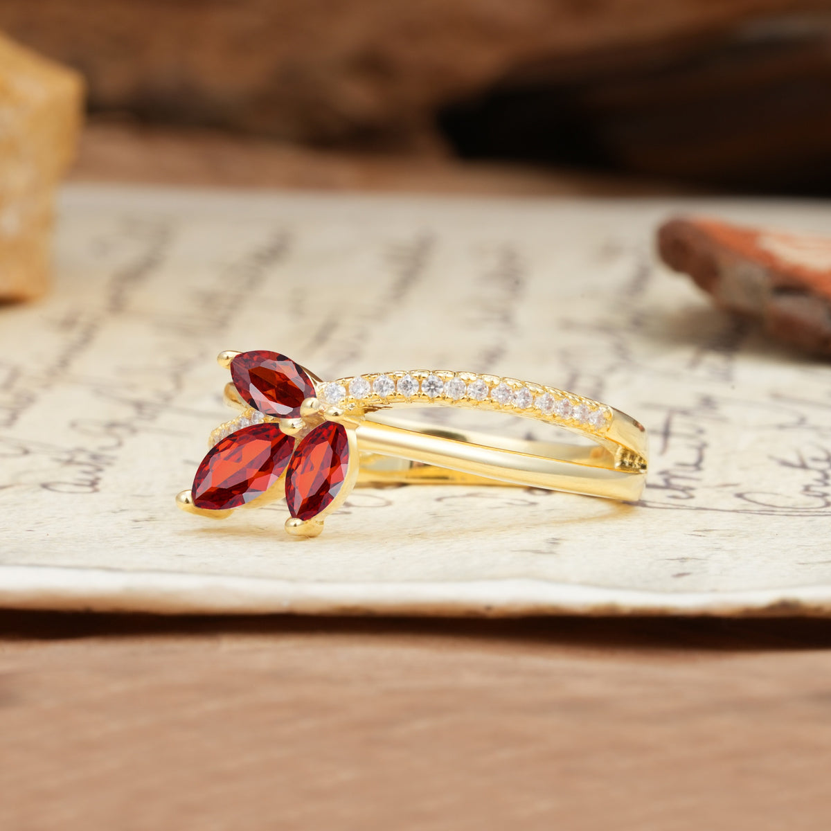 Natural Inspiration Clover Shape 2 Prong Marquise Cut Garnet Engagement Ring - Additional view