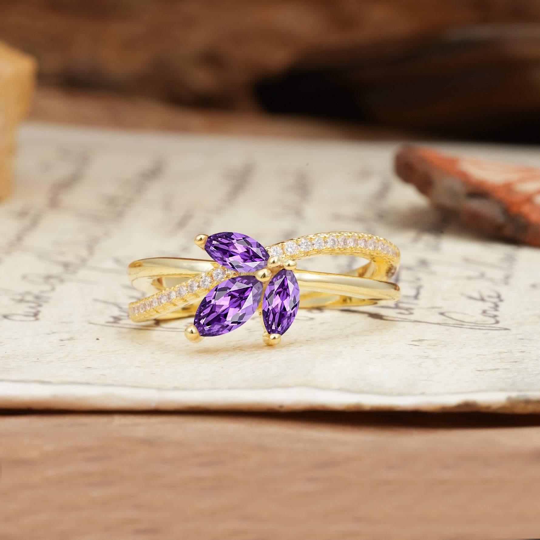 Natural Inspiration Clover Shape 2 Prong Marquise Cut Amethyst Engagement Ring - Additional view