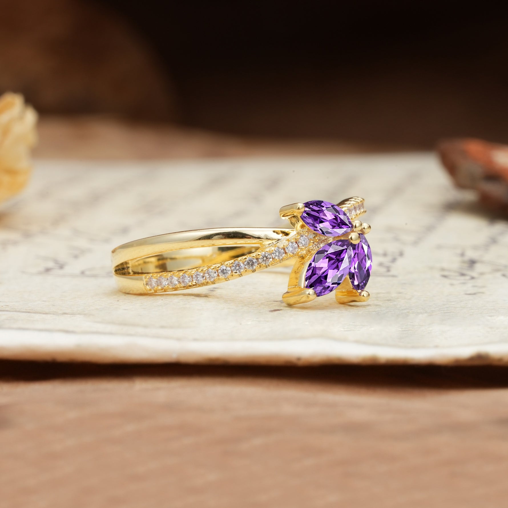 Natural Inspiration Clover Shape 2 Prong Marquise Cut Amethyst Engagement Ring - Additional view