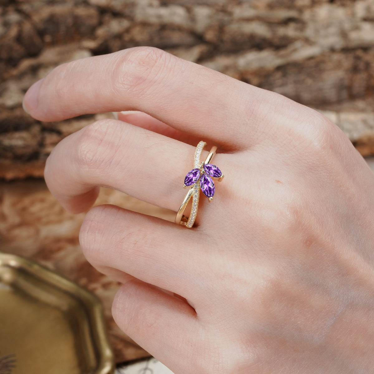 Natural Inspiration Clover Shape 2 Prong Marquise Cut Amethyst Engagement Ring - Additional view