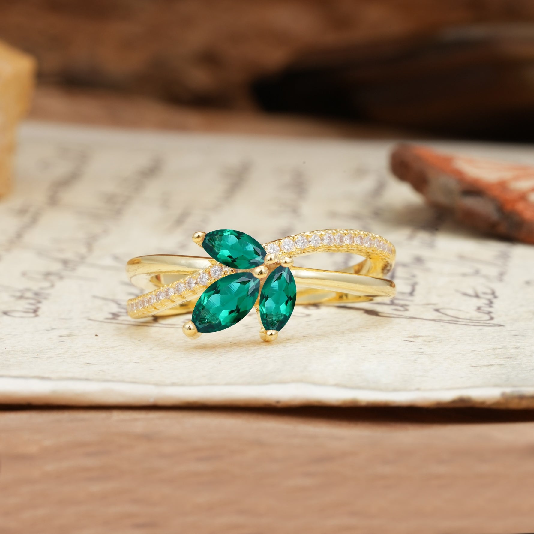 Natural Inspiration Clover Shape 2 Prong Marquise Cut Emerald Engagement Ring - Additional view