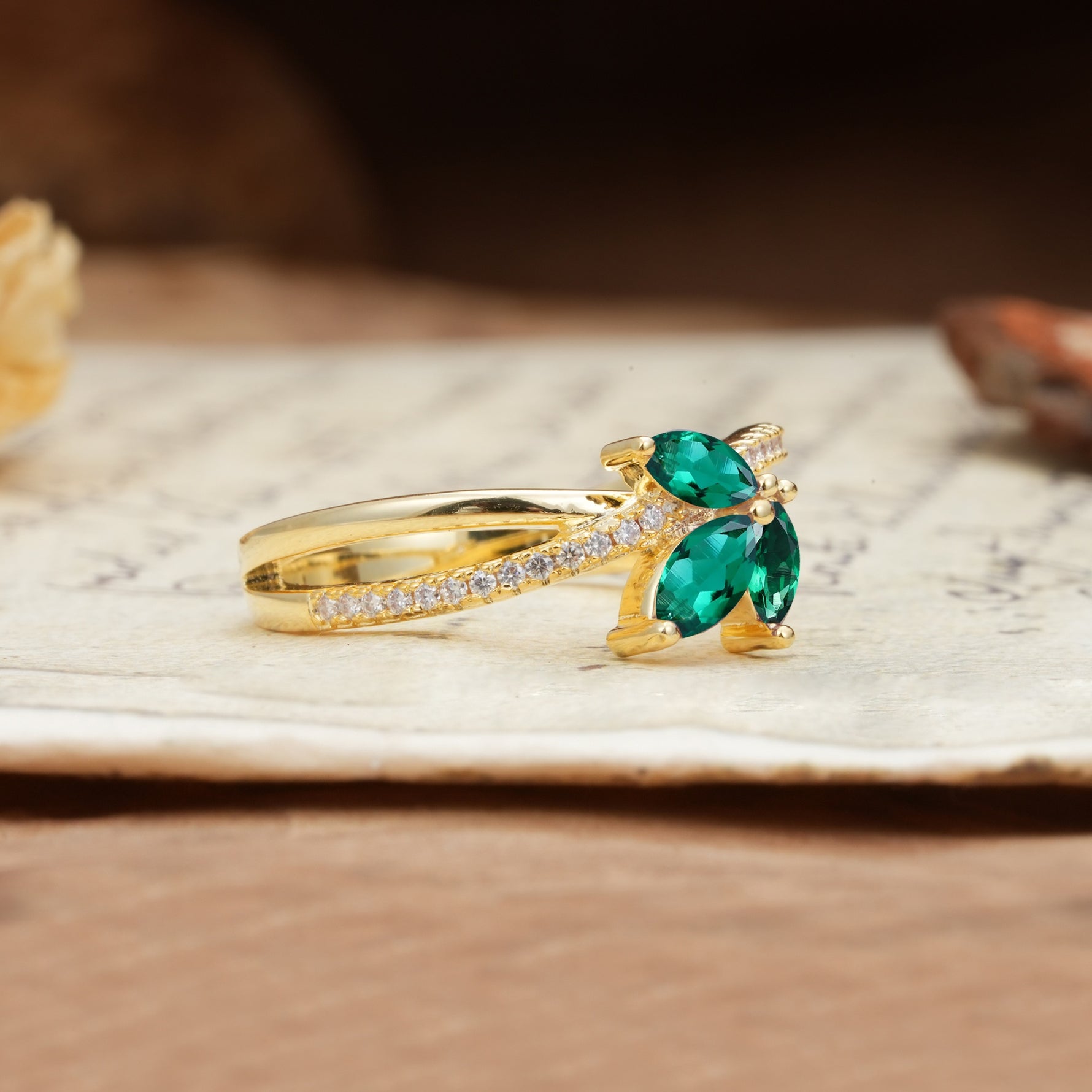Natural Inspiration Clover Shape 2 Prong Marquise Cut Emerald Engagement Ring - Additional view