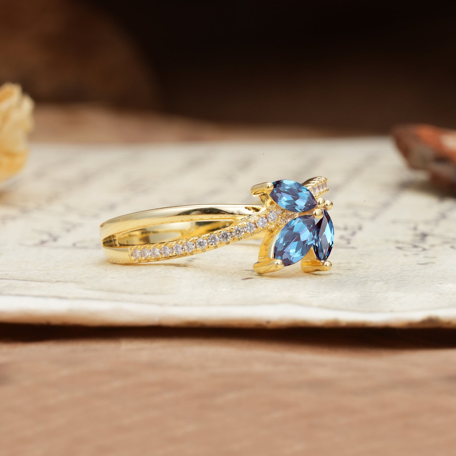 Natural Inspiration Clover Shape 2 Prong Marquise Cut Alexandrite Engagement Ring - Additional view